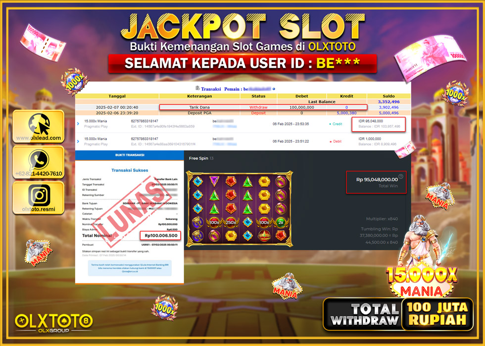 OLXTOTO JACKPOT  SLOT 15.000x MANIA Rp.100.000.000.,- LUNAS