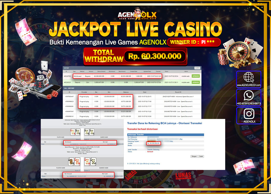 AGENOLX JACKPOT LIVE CASINO Rp 60,300,000,- LUNAS