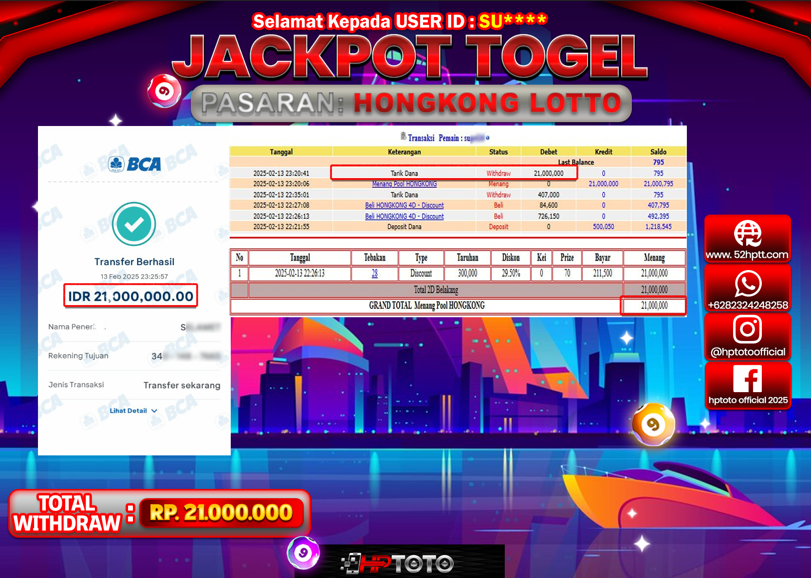 HPTOTO JACKPOT TOGEL PASARAN HONGKONG LOTTO Rp.21.000.000,- LUNAS