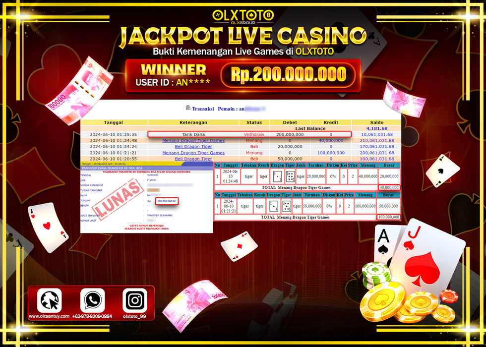 OLXTOTO JACKPOT LIVE GAMES DRAGON TIGER   Rp.200.000.000.,- LUNAS