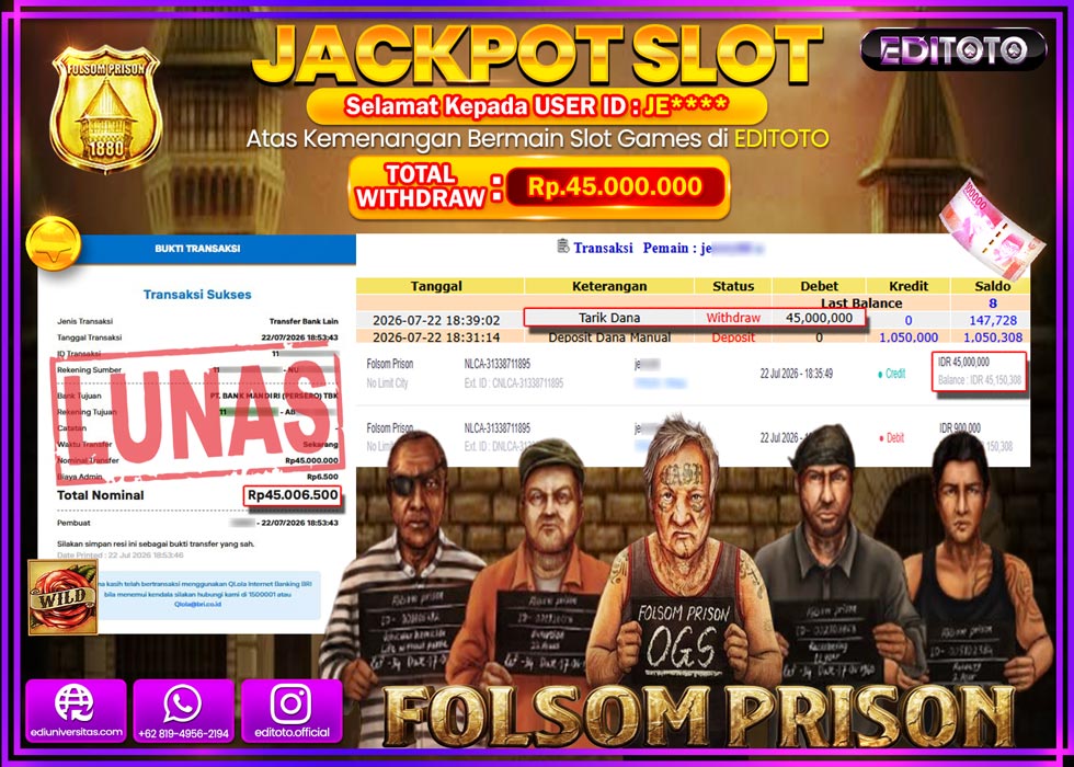 JACKPOT EDITOTO SLOT FOLSOM PRISON Rp.45.000.000,- LUNAS