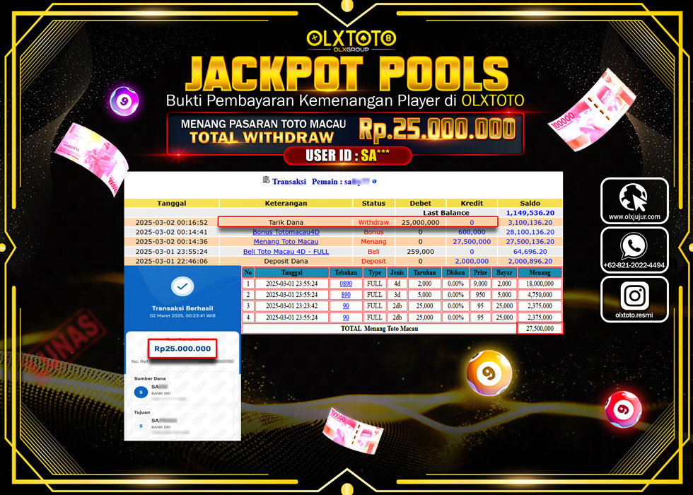 OLXTOTO JACKPOT TOGEL PASARAN MACAU Rp.25.000.000.,- LUNAS