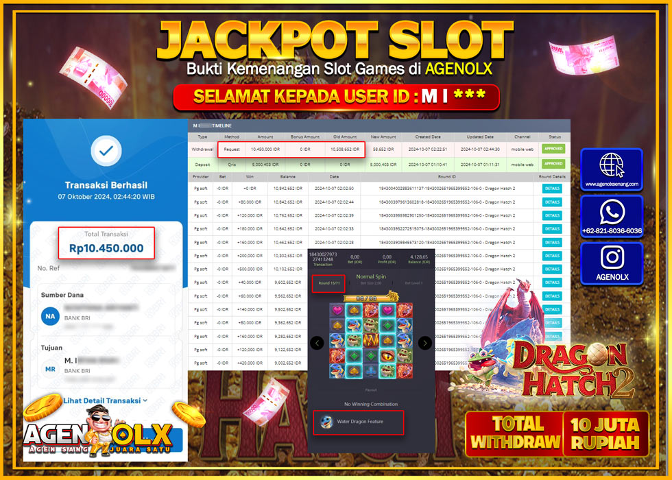AGENOLX JACKPOT  SLOT DRAGON HATCH 2 Rp.10.000.000,- LUNAS