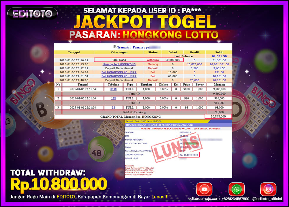 JACKPOT TOGEL PASARAN HONGKONG LOTTO Rp.10.800.000.,- LUNAS