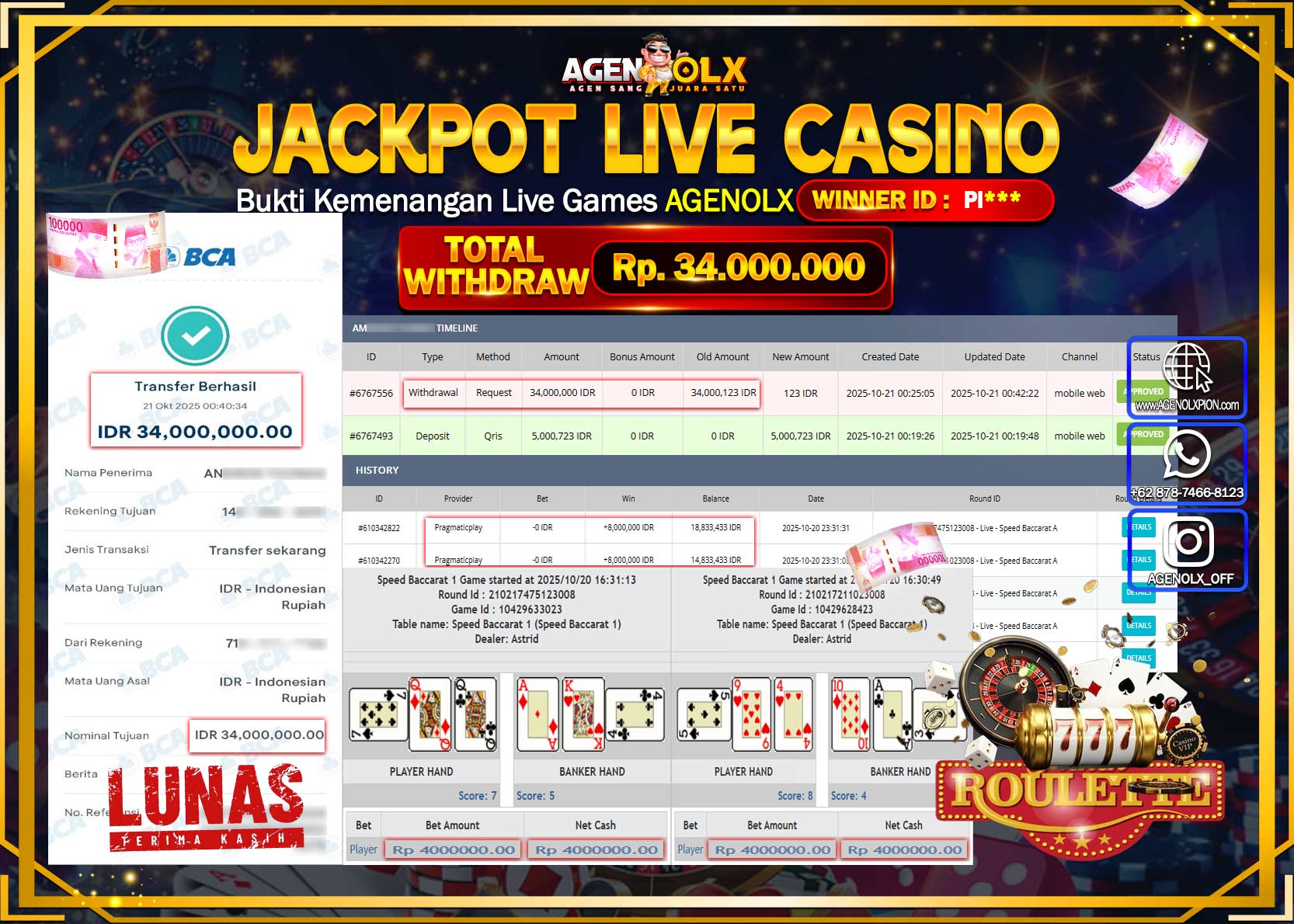 AGENOLX JACKPOT LIVE CASINO SPEED BACCARAT 1   Rp 34,000,000,- LUNAS