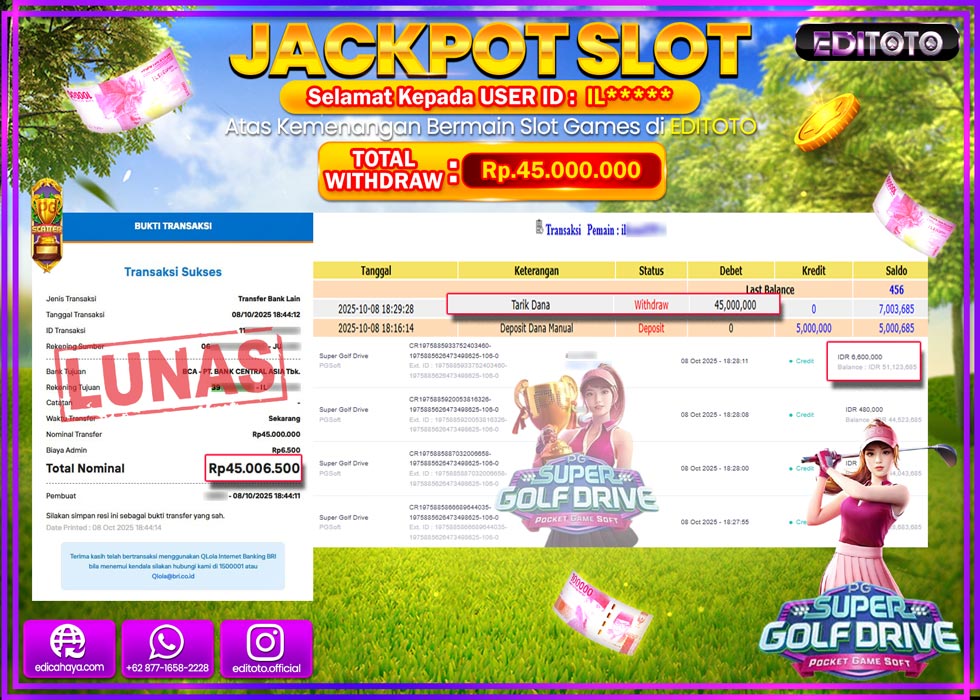 JACKPOT EDITOTO SLOT SUPER GOLF DRIVE Rp.45.000.000,- LUNAS 