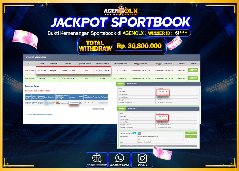 AGENOLX JACKPOT SPORRTBOOK  Rp 30.800.000,- LUNAS