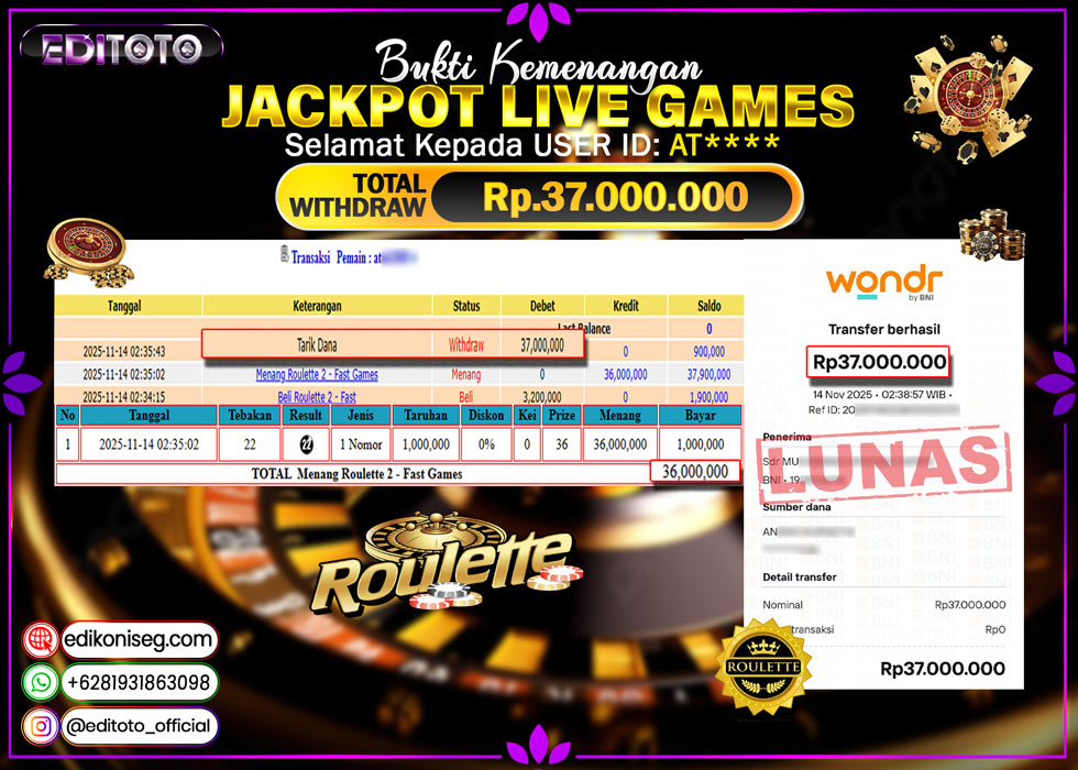 JACKPOT EDITOTO LIVE GAMES ROULETTE 2 - FAST GAMES Rp. 37.000.000.,- LUNAS