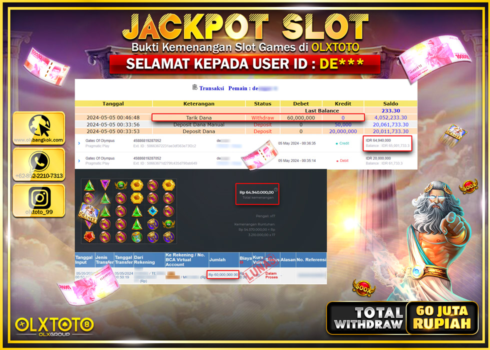 OLXTOTO JACKPOT SLOT GATES OF OLYMPUS  Rp.60.000.000.,- LUNAS