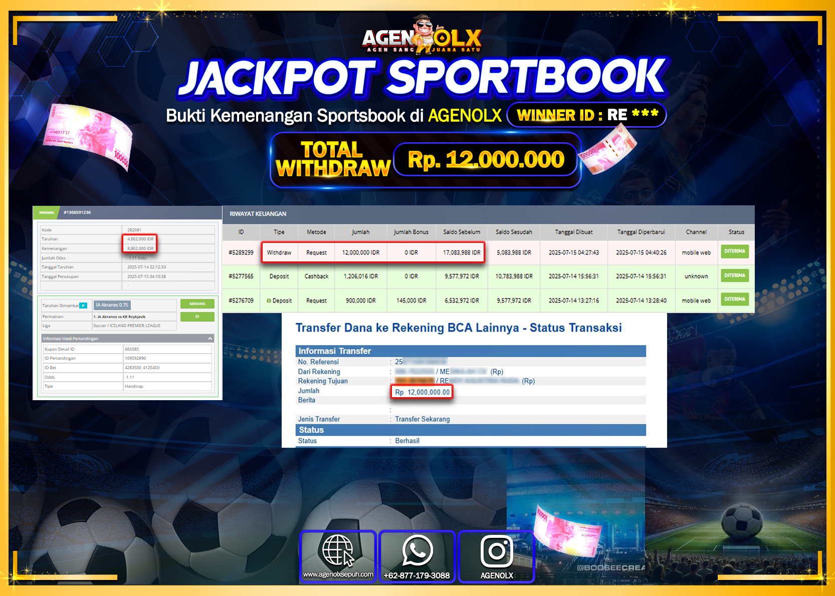 AGENOLX JACKPOT  SPOORTBOK  Rp 12.000.000,- LUNAS