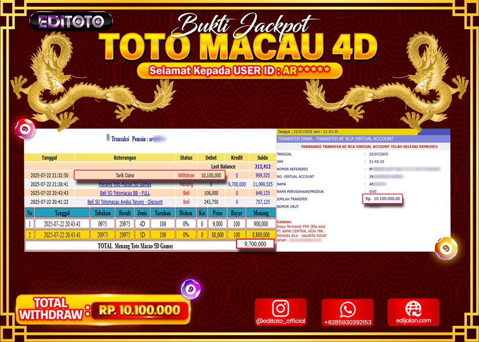 JACKPOT EDITOTO TOGEL PASARAN TOTO MACAU 4D Rp.10.100.000.,- LUNAS