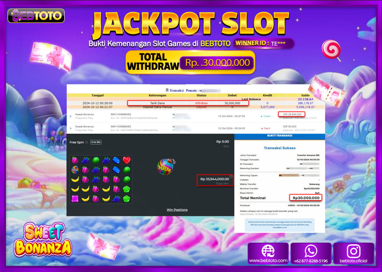 JACKPOT SLOT BEBTOTO SWEET BONANZA Rp.30.000.000.,- LUNAS