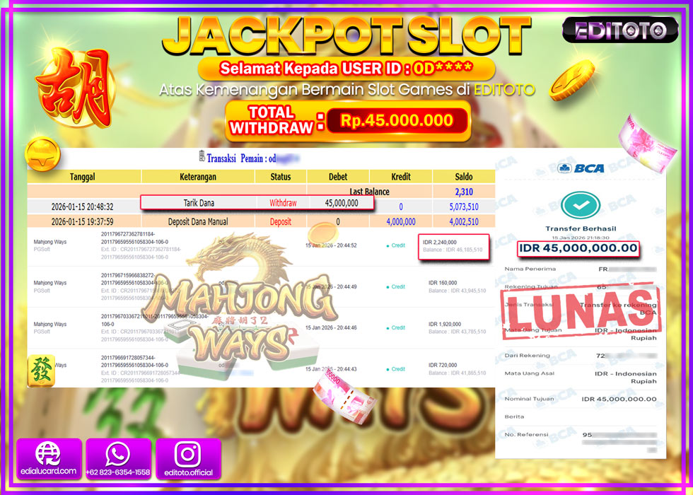JACKPOT EDITOTO SLOT MAHJONG WAYS Rp.45.000.000,- LUNAS