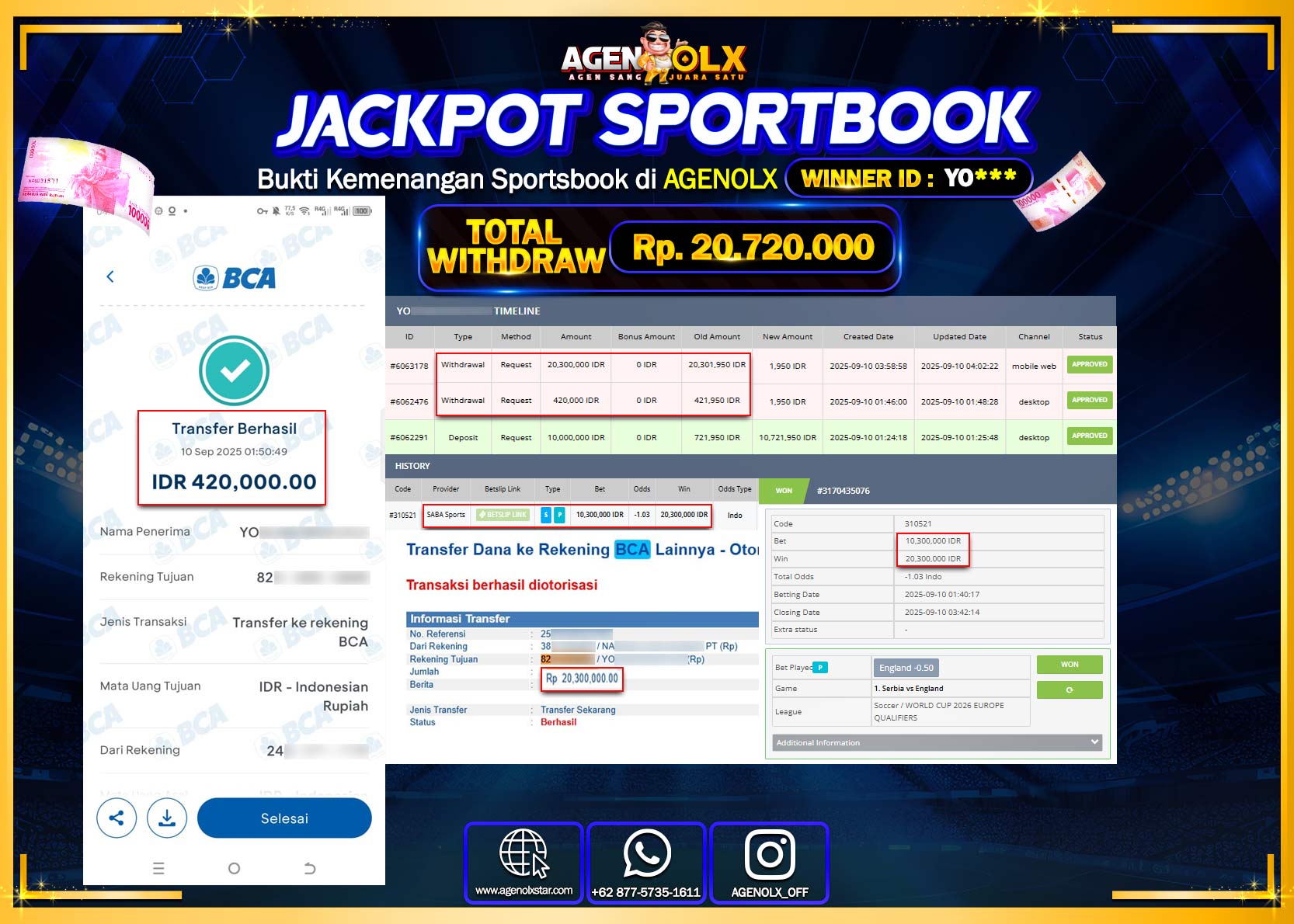 AGENOLX JACKPOT SPORTBOOK  Rp 20,720,000,- LUNAS