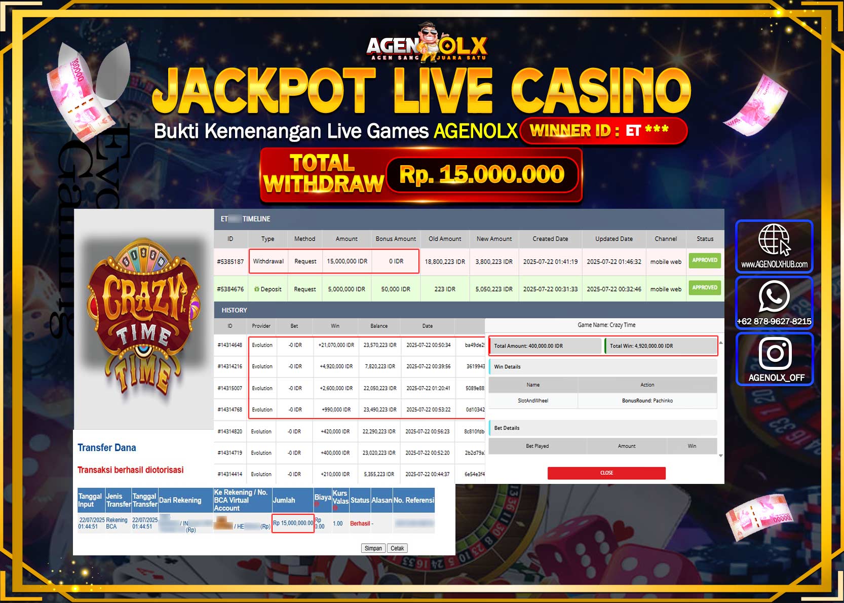 AGENOLX JACKPOT  LIVE CASSINO CRAZY TIME  Rp 15.000.000,- LUNAS
