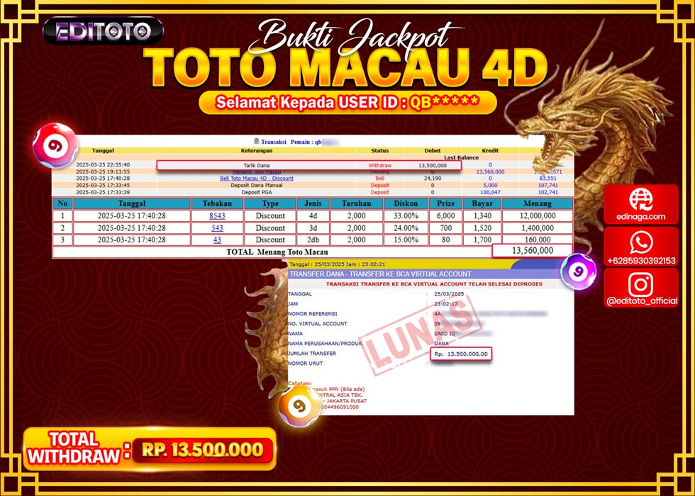JACKPOT EDITOTO TOGEL PASARAN TOTOMACAU 4D Rp.13.500.000.,- LUNAS