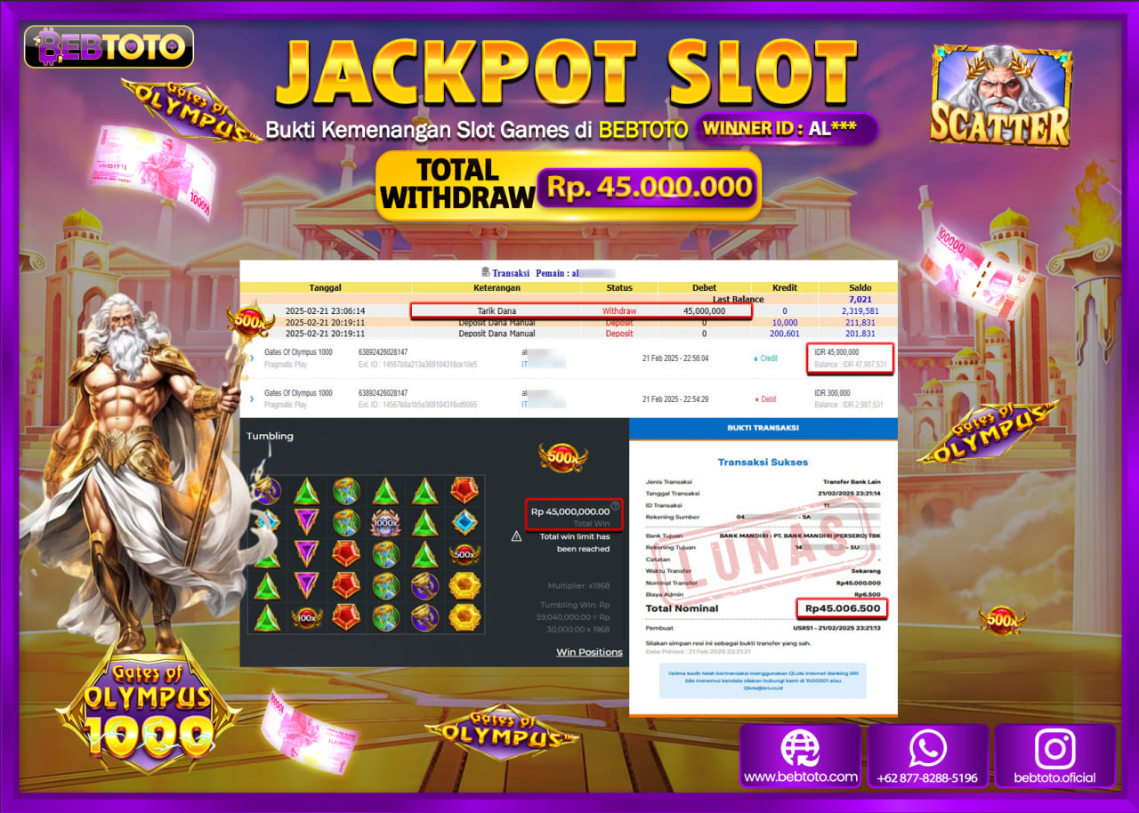 JACKPOT SLOT BEBTOTO GATES OF OLYMPUS 1000 Rp.45.000.000.,- LUNAS