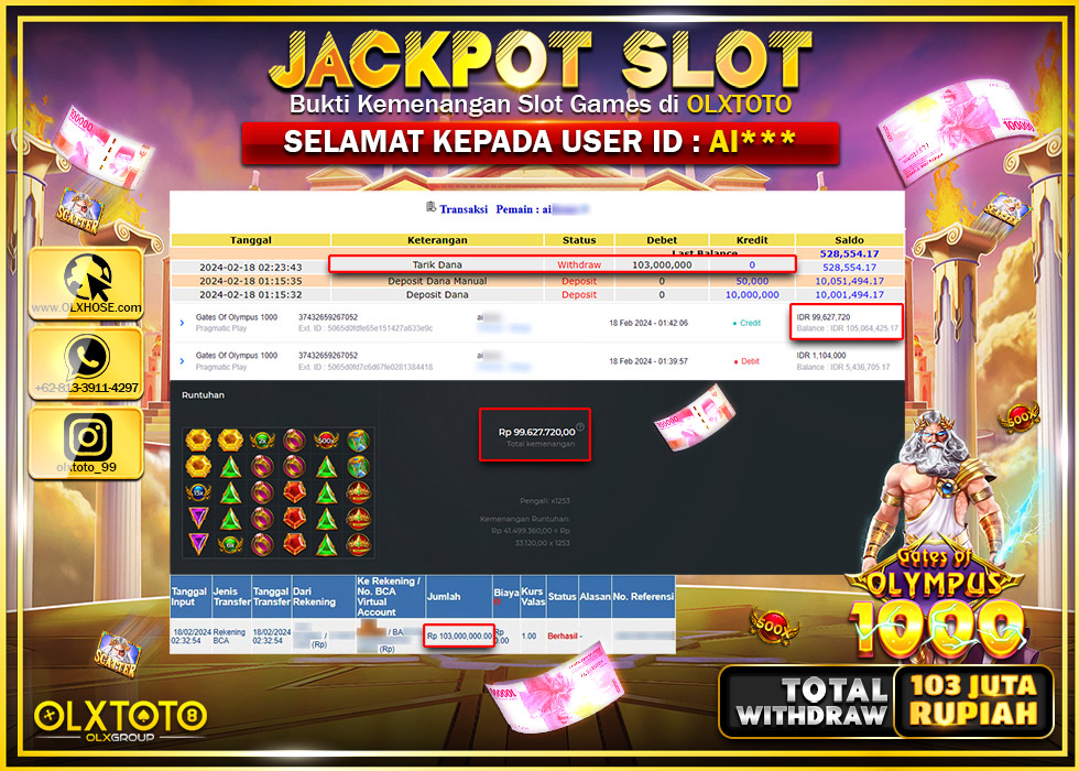 OLXTOTO JACKPOT SLOT GATES OF OLYMPUS 1000 Rp.103.000.000.,- LUNAS