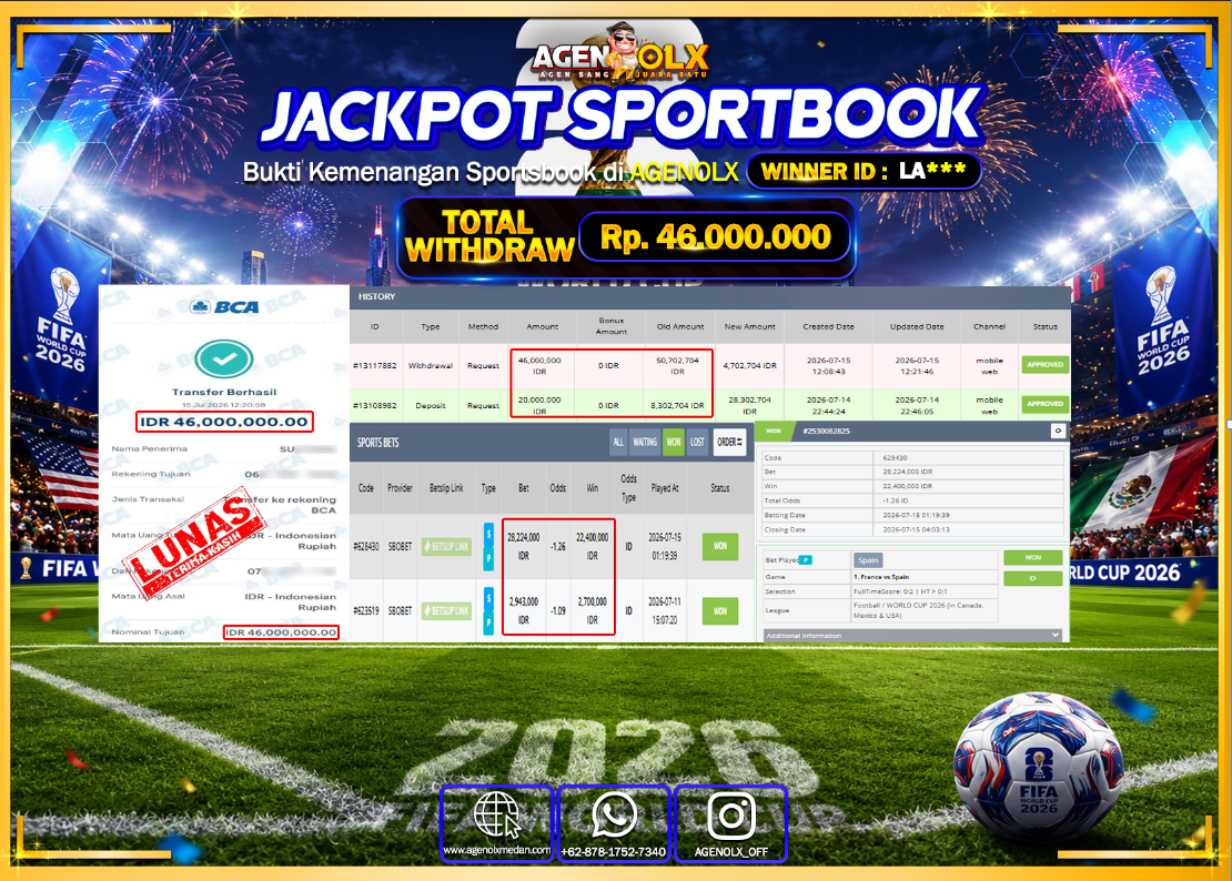 AGENOLX JACKPOT SPORTBOOK SBOBET  Rp 46.000.000- LUNAS