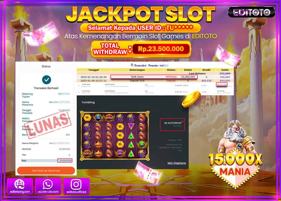 JACKPOT SLOT 15.000 X MANIA  Rp.23.500.000.,- LUNAS