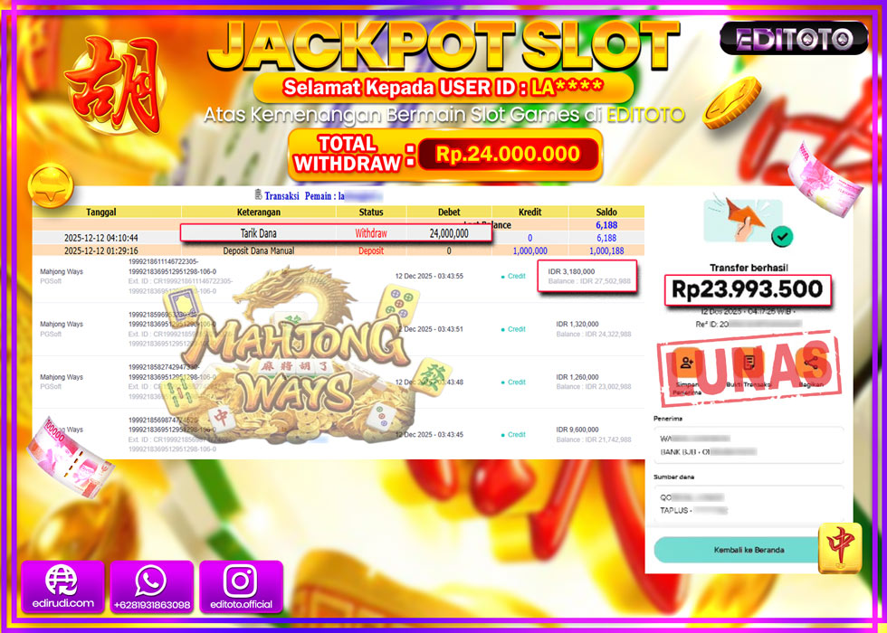 JACKPOT EDITOTO SLOT MAHJONG WAYS Rp.24.000.000,- LUNAS
