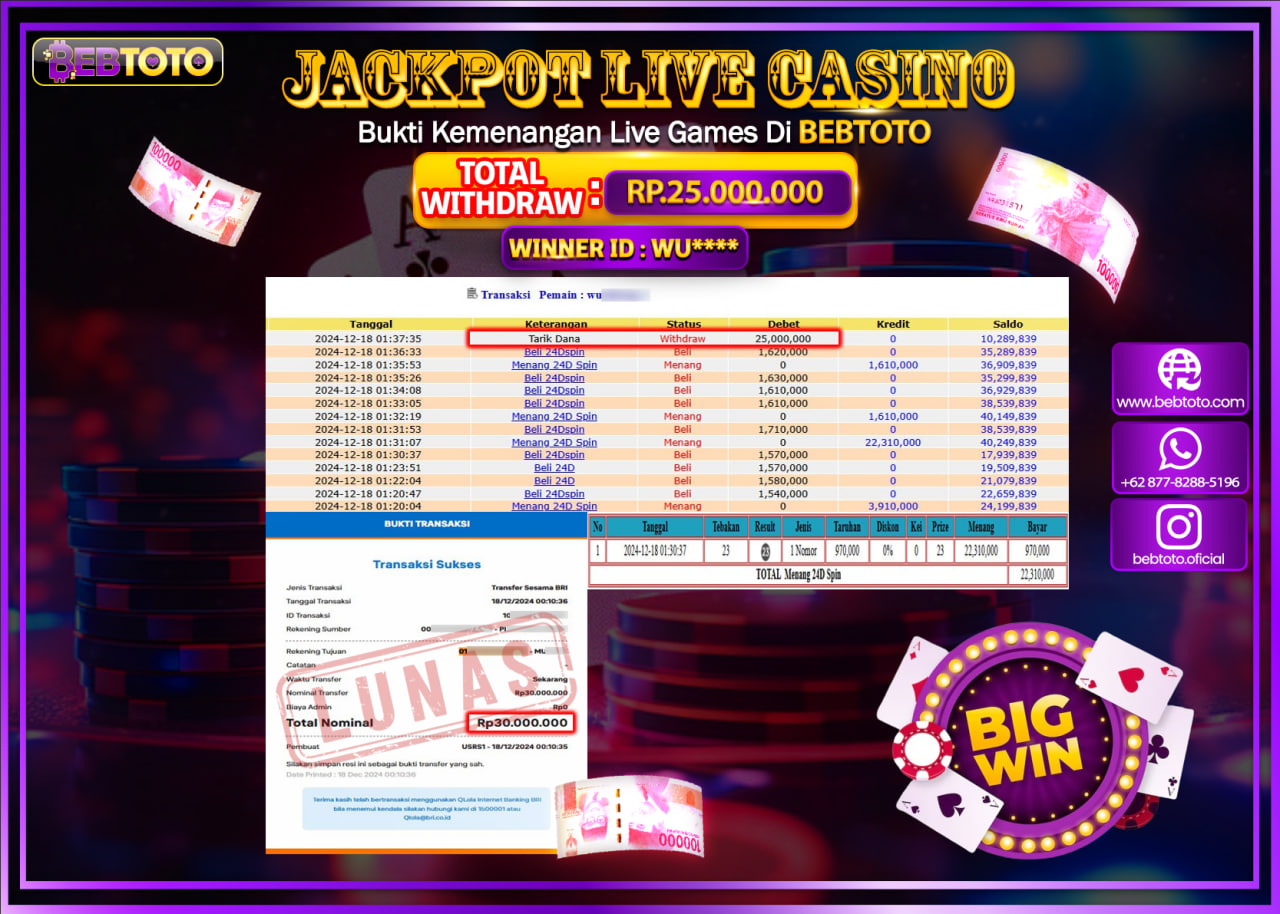 JACKPOT LIVE CASINO BEBTOTO 24D SPIN Rp.25.000.000.,- LUNAS