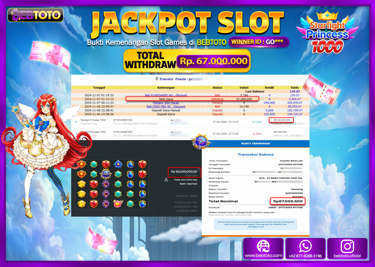 JACKPOT SLOT BEBTOTO STARLIGHT PRINCESS 1000 Rp.67.000.000.,- LUNAS