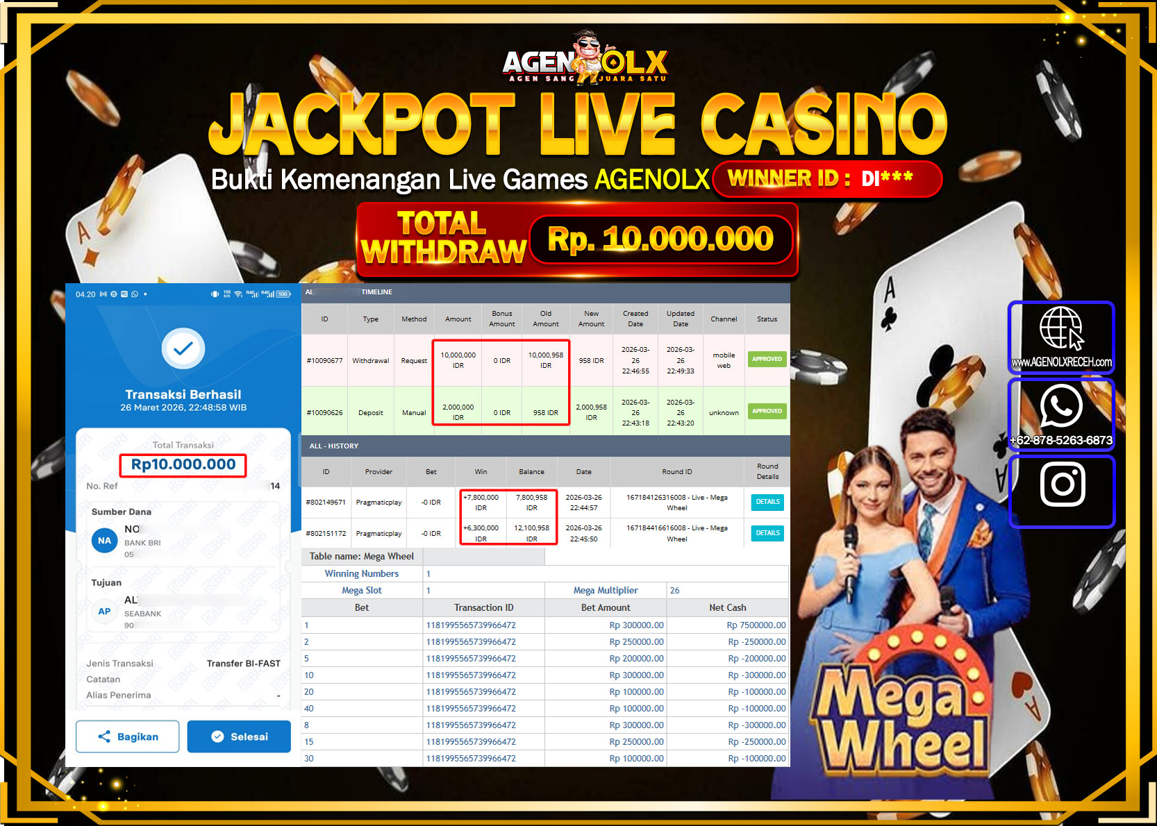 AGENOLX JACKPOT LIVE CASINO MEGA WHEL Rp 10.000.000 - LUNAS