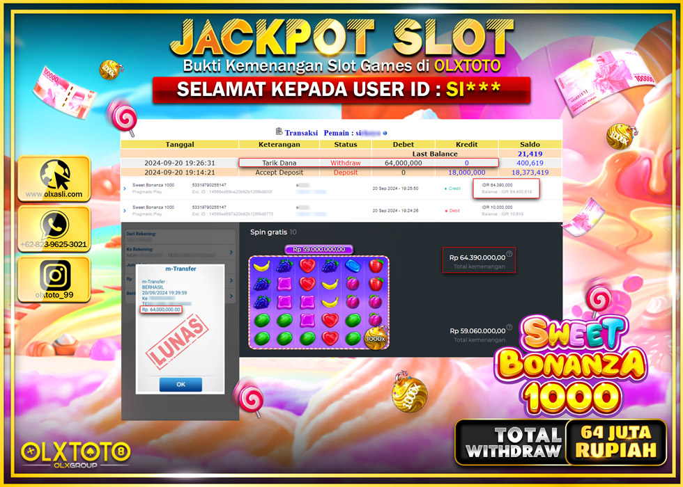 OLXTOTO JACKPOT  SLOT SWEET BONANZA 1000 Rp.64.000.000.,- LUNAS