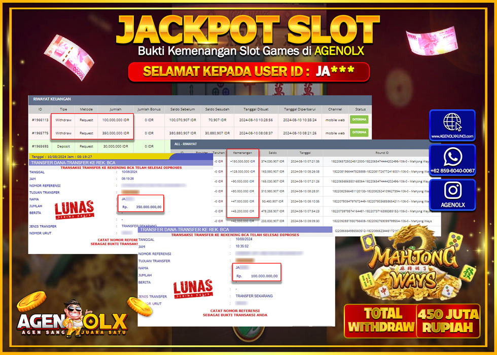 AGENOLX JACKPOT SLOT MAHJONG WAYS Rp.450.000.000,- LUNAS