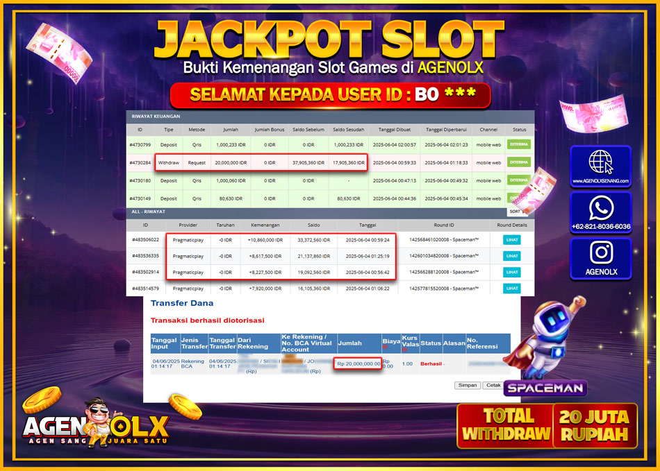 AGENOLX JACKPOT SLOT SPACEMAN  Rp 20.000.000,- LUNAS