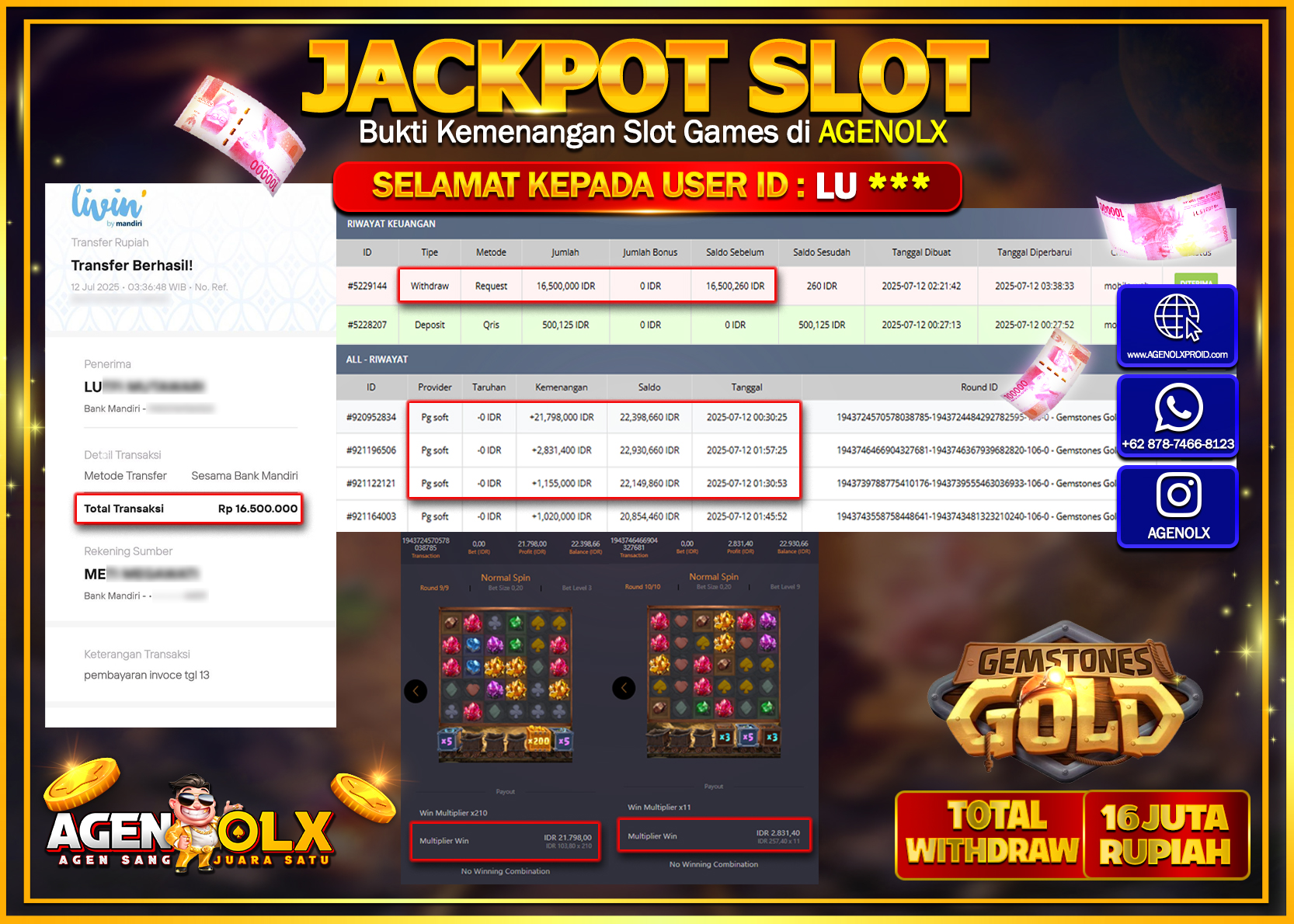 AGENOLX JACKPOT  SLOT GEMSTONES GOLD  Rp 16.500.000,- LUNAS
