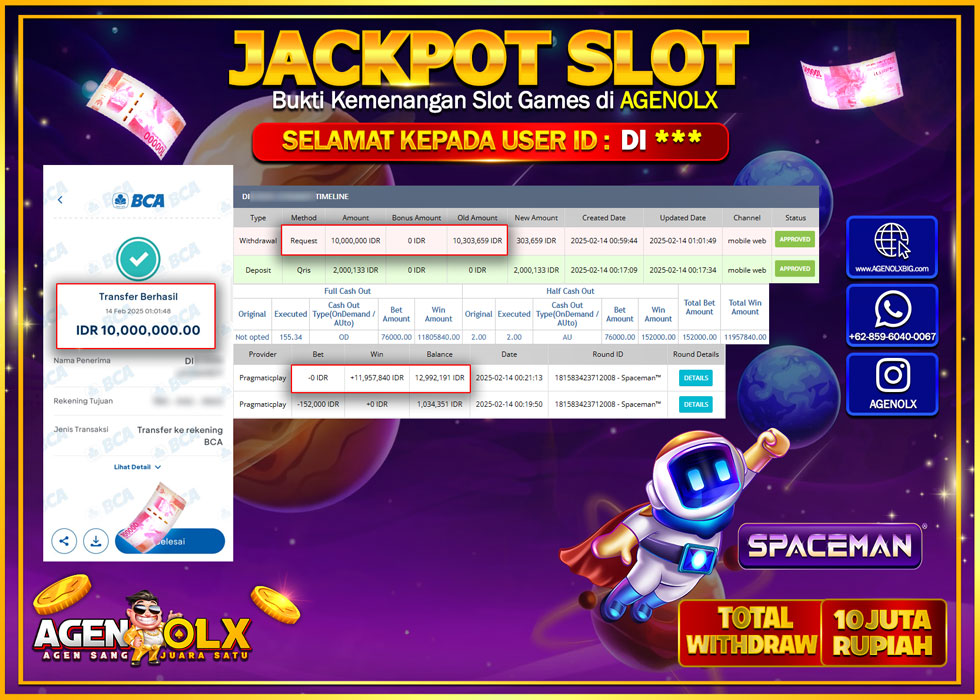 AGENOLX JACKPOT Provider PRAGMATICK PLAY Games SPACEMAN  Rp 10.000.000,- LUNAS
