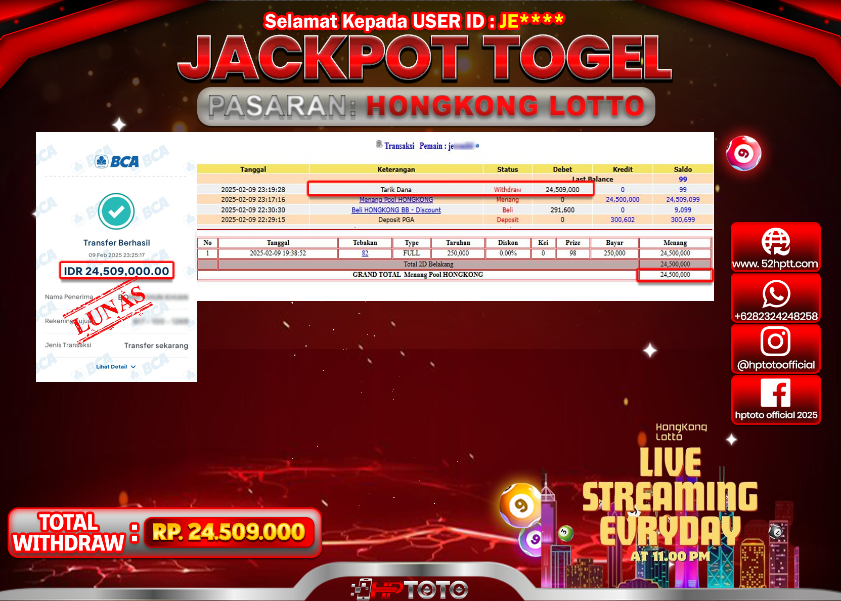 HPTOTO JACKPOT TOGEL PASARAN HONGKONG LOTTO Rp.24.509.000,- LUNAS