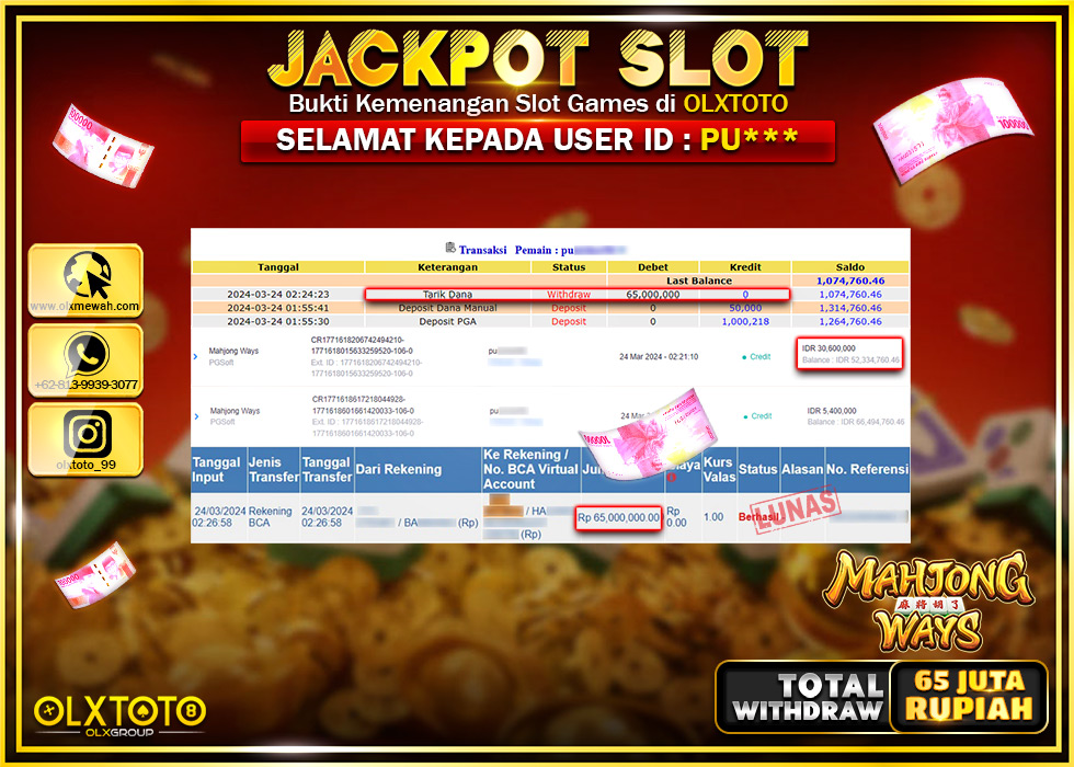 OLXTOTO JACKPOT SLOT MAHJONG WAYS Rp.65.000.000.,- LUNAS