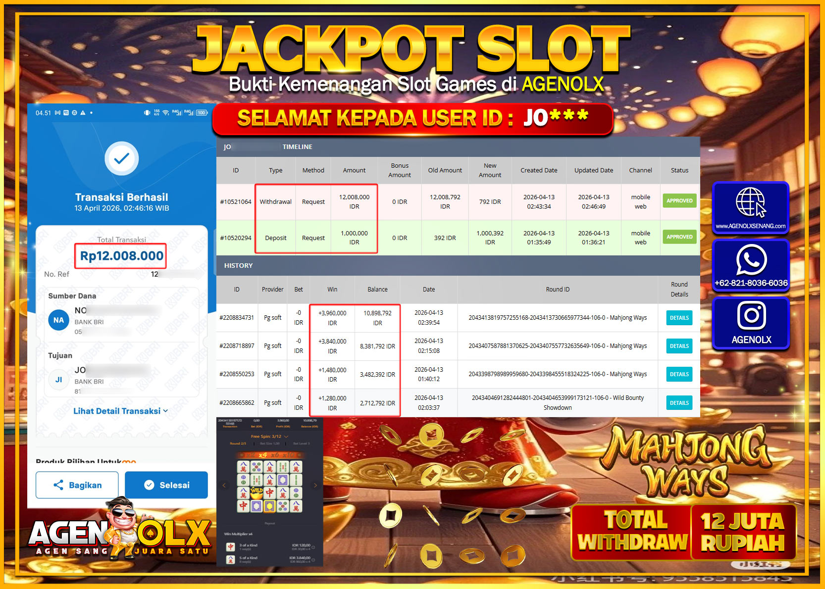 AGENOLX JACKPOT SLOT MAHJONG WAYS  Rp 12.008.000 - LUNAS