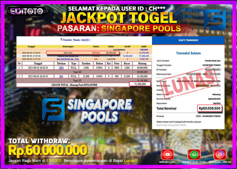 JACKPOT EDITOTO TOGEL PASARAN SINGAPORE POOLS Rp.60.000.000.,- LUNAS