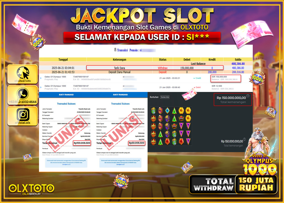 BONDAN69 JACKPOT SLOT GATES OF OLYMPUSS 1000  Rp.150.000.000.,- LUNAS