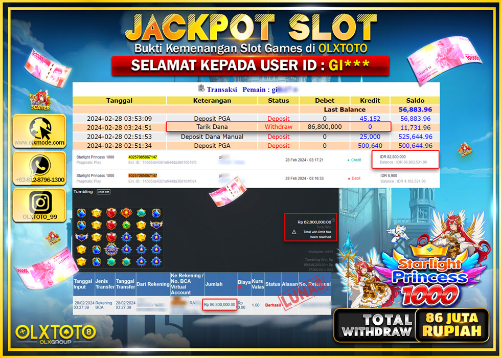 OLXTOTO JACKPOT SLOT STARLIGHT PRINCESS 1000 Rp.86.800.000.,- LUNAS