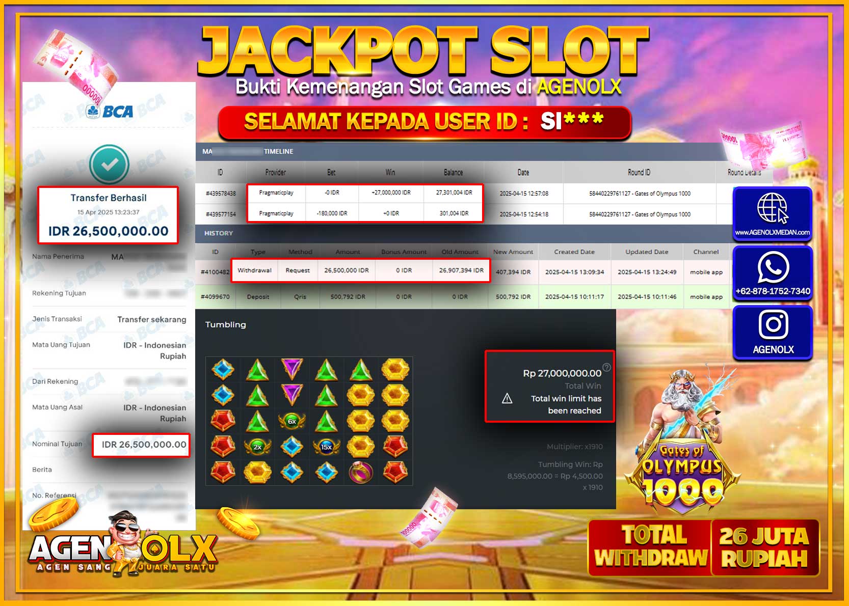 AGENOLX JACKPOT SLOT GATE OF OLYMPUS 1000 Rp 26.500.000,- LUNAS