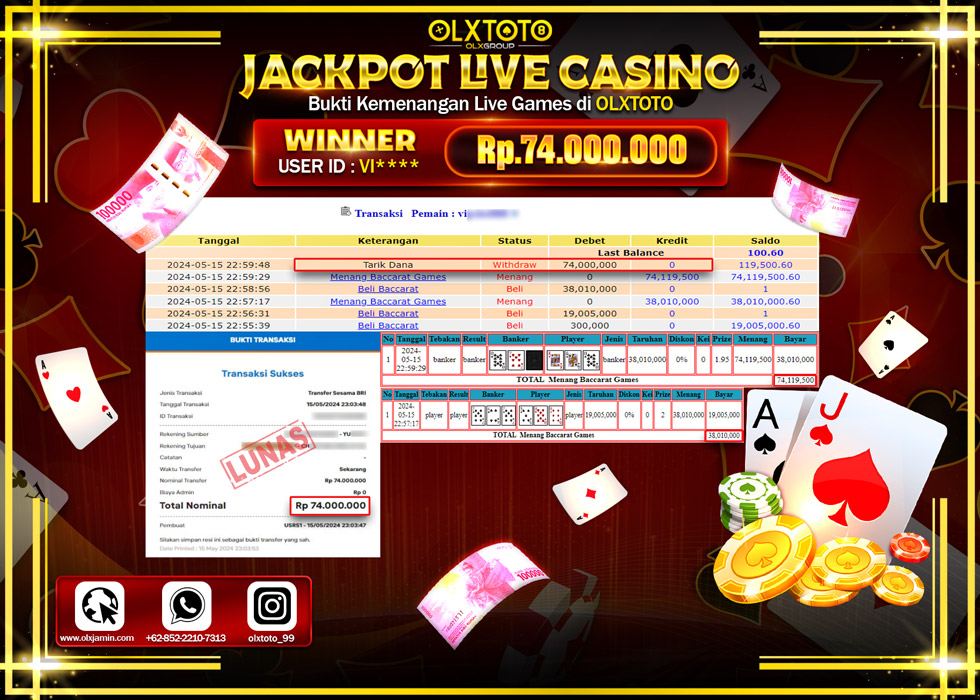 OLXTOTO JACKPOT LIVE GAME BACCARAT   Rp.74.000.000.,- LUNAS