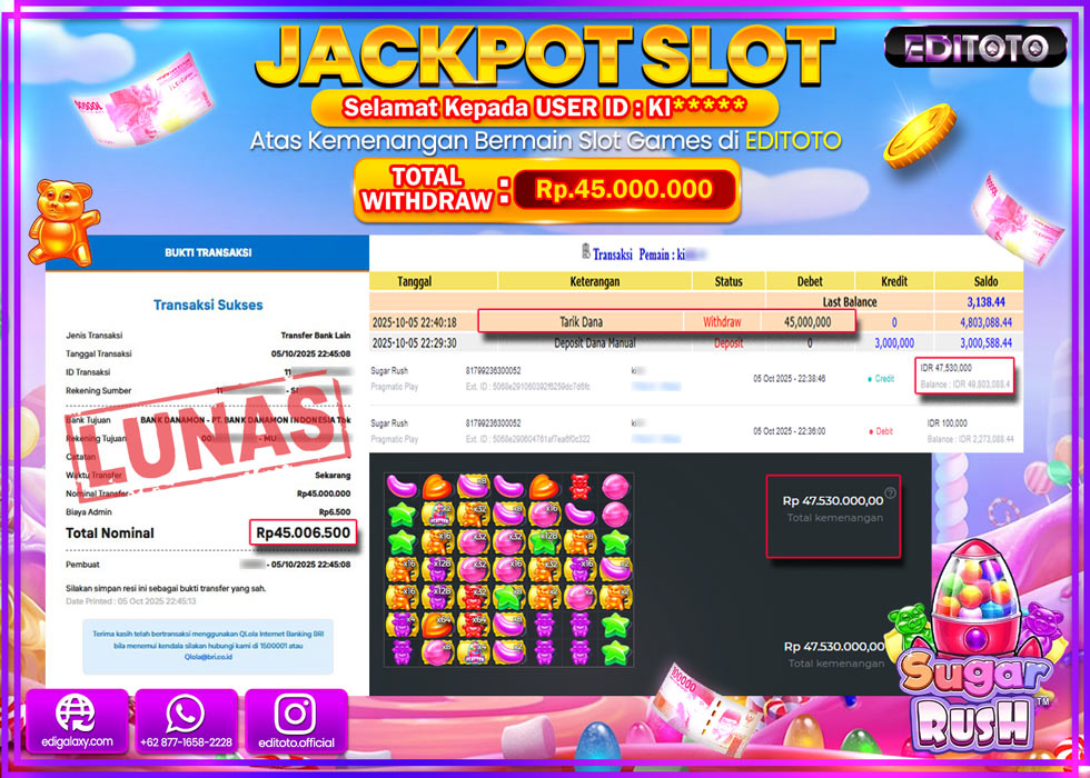 JACKPOT EDITOTO SLOT SUGAR RUSH Rp.45.000.000,- LUNAS 