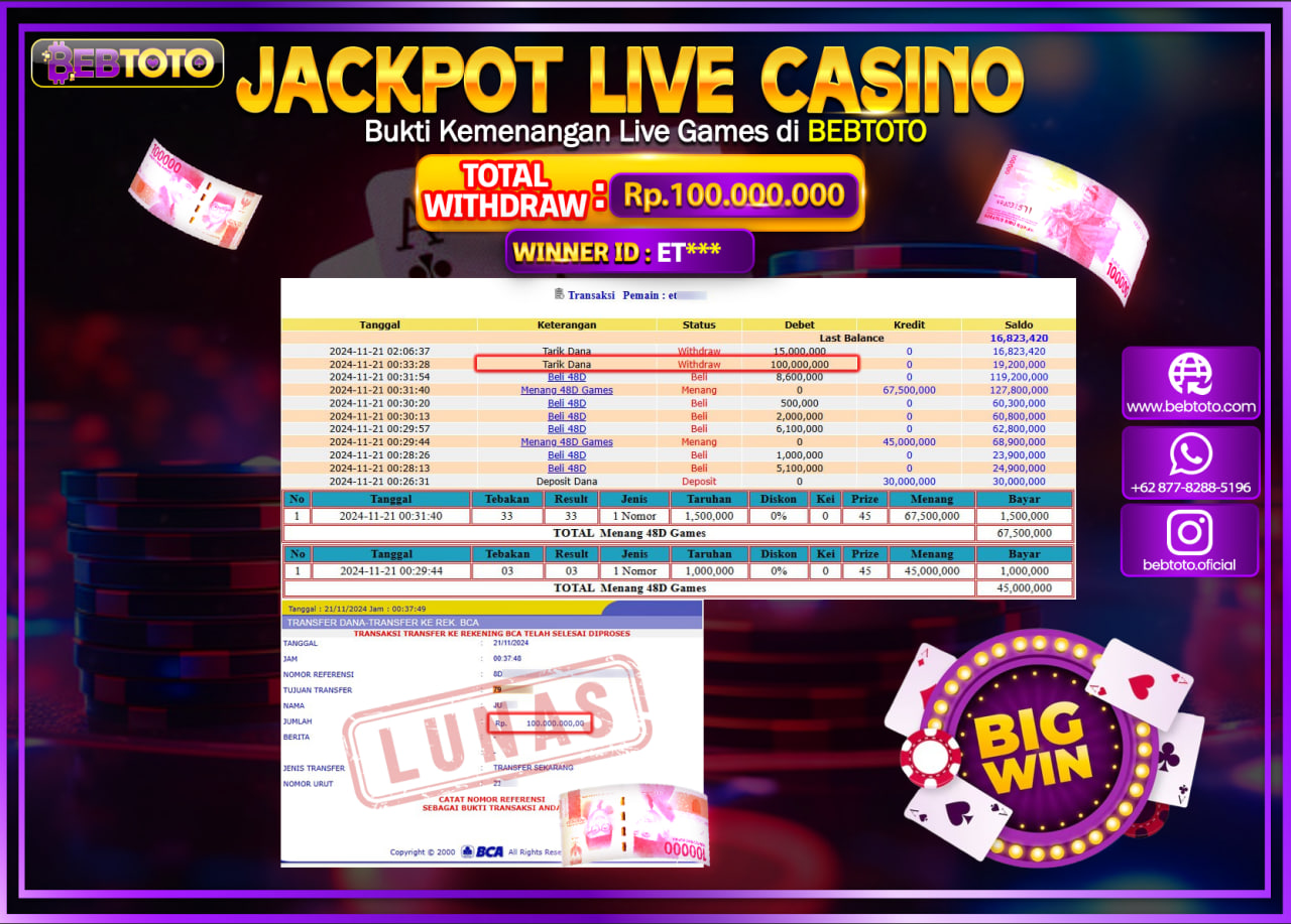 JACKPOT LIVE CASINO BEBTOTO 48D GAMES Rp.100.000.000.,- LUNAS