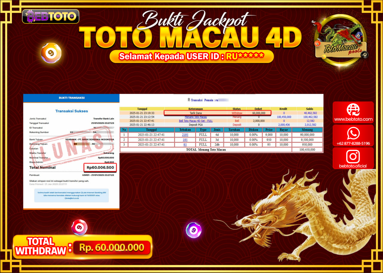 JACKPOT LIVE CASINO BEBTOTO TOTO MACAU 4D Rp.60.000.000.,- LUNAS