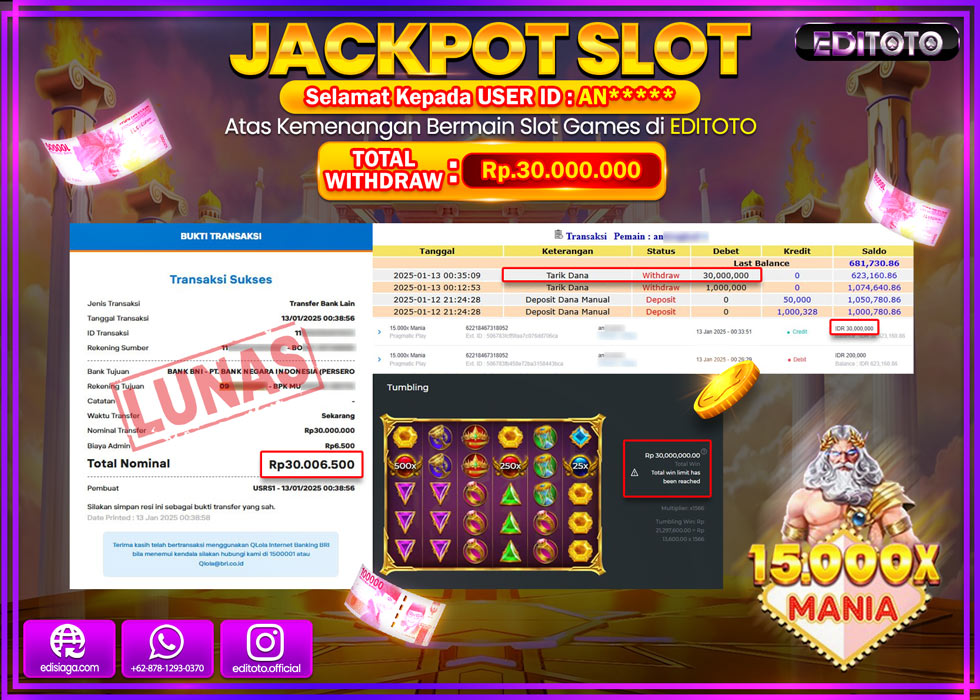 JACKPOT SLOT 15.000 X MANIA  Rp.30.000.000.,- LUNAS