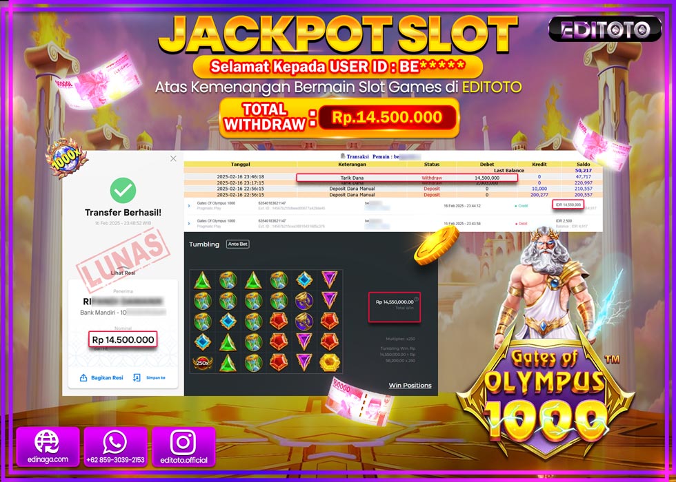 JACKPOT SLOT GATES OF OLYMPUS 1000  Rp.14.500.000.,- LUNAS