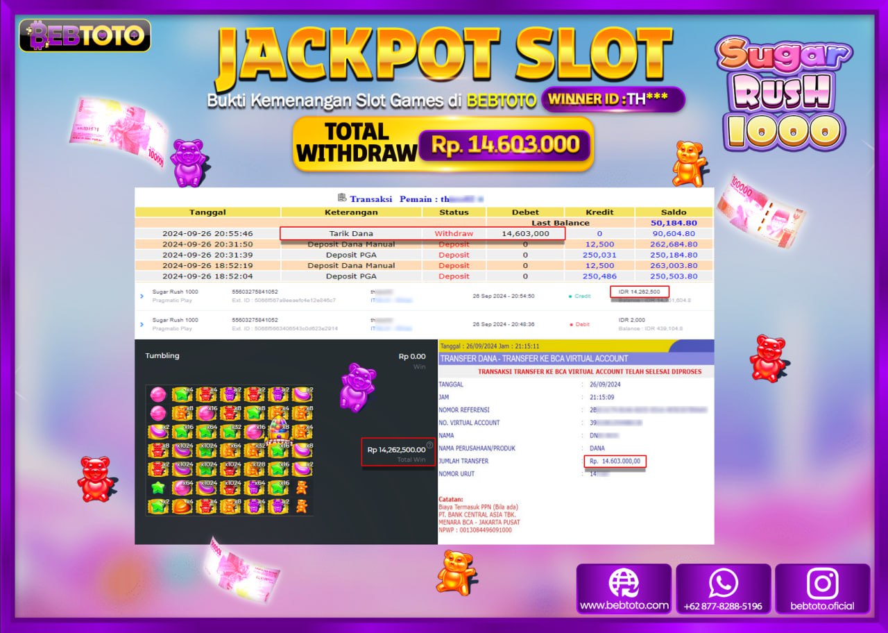 JACKPOT SLOT BEBTOTO SUGAR RUSH 1000 Rp.14.603.000.,- LUNAS