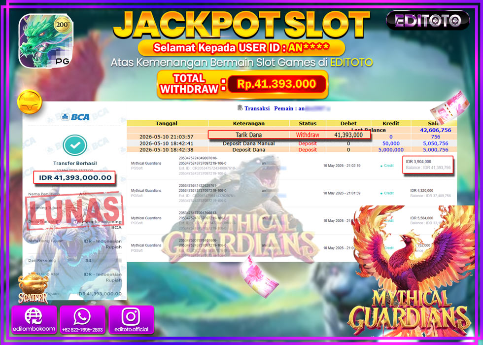 JACKPOT EDITOTO SLOT MYTHICAL GUARDANS  Rp.41.393.000,- LUNAS