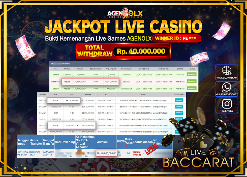 AGENOLX JACKPOT  LIVE CASINO BACCARAT Rp 40.000.000,- LUNAS