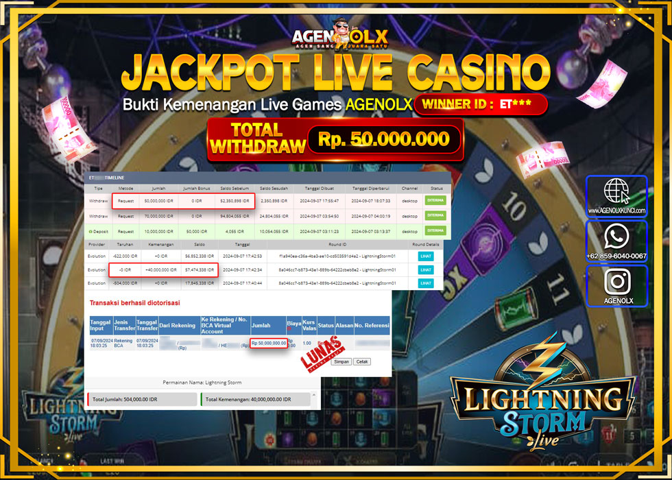 AGENOLX JACKPOT LIVE CASINO LIGHTNING STROM LIVE Rp.50.000.000,- LUNAS